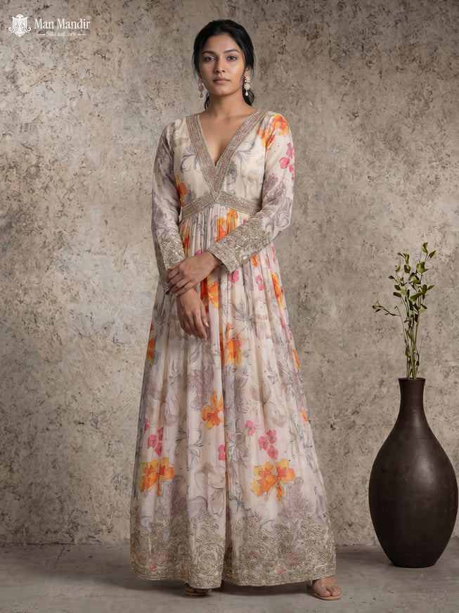 Cream Georgette Gown Sequin Embroidery With Can Can & Netted Dupatta