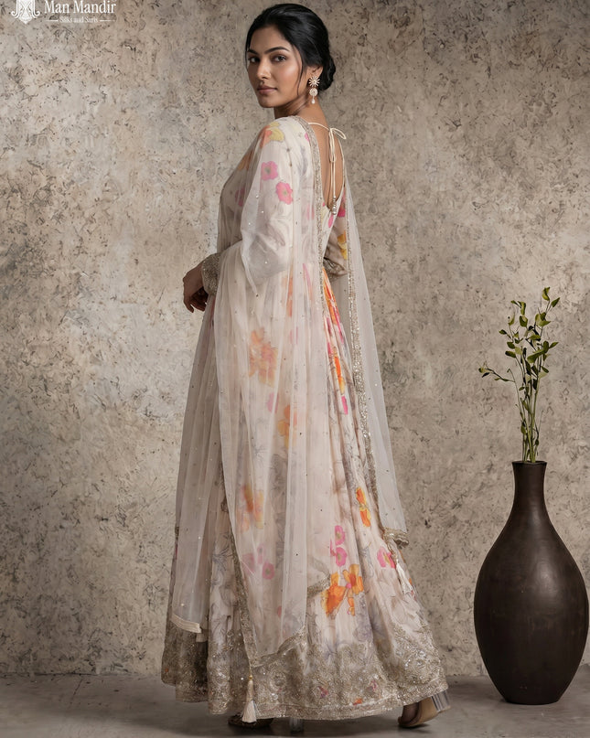 Cream Georgette Gown Sequin Embroidery With Can Can & Netted Dupatta