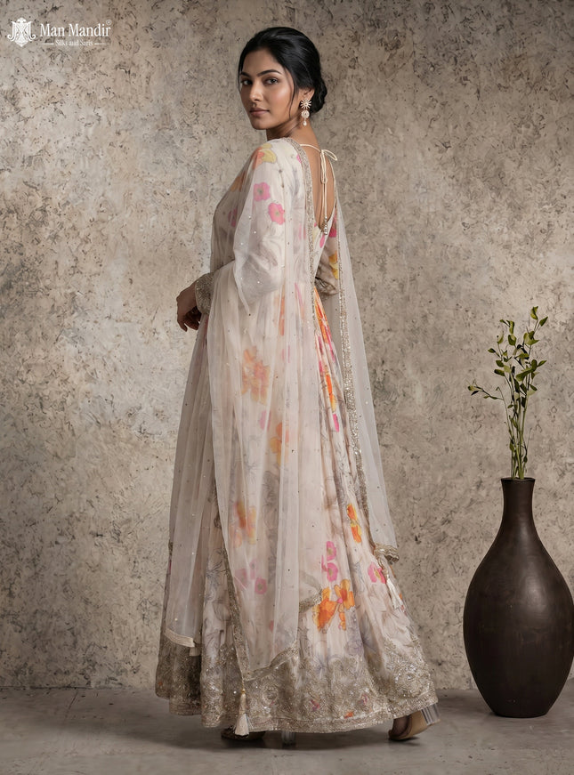 Cream Georgette Gown Sequin Embroidery With Can Can & Netted Dupatta