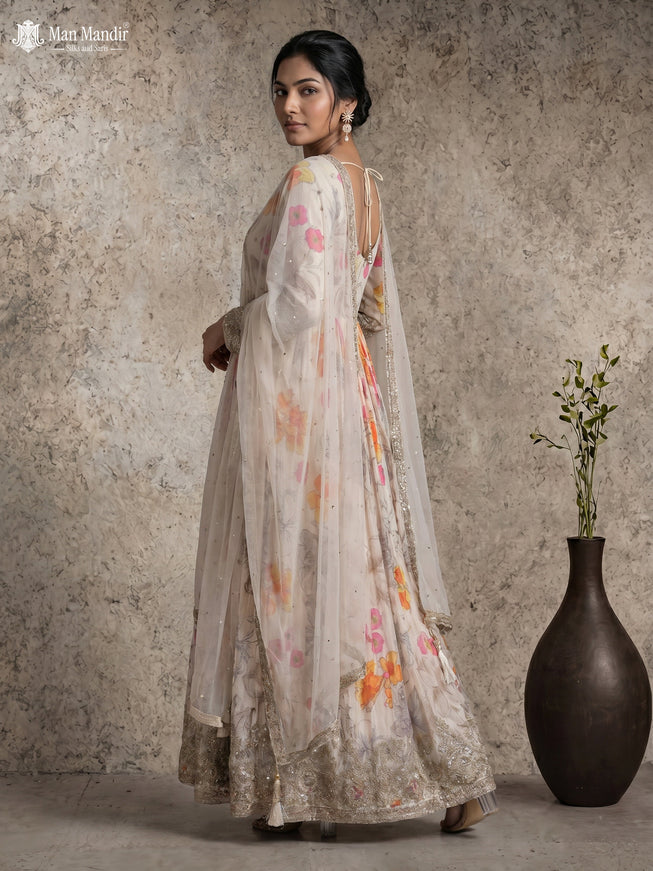 Cream Georgette Gown Sequin Embroidery With Can Can & Netted Dupatta