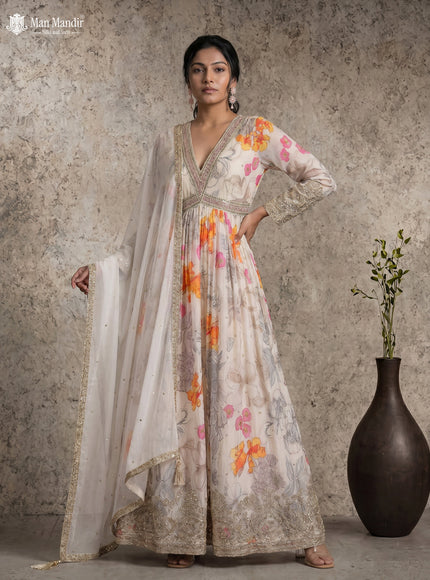 Cream Georgette Gown Sequin Embroidery With Can Can & Netted Dupatta