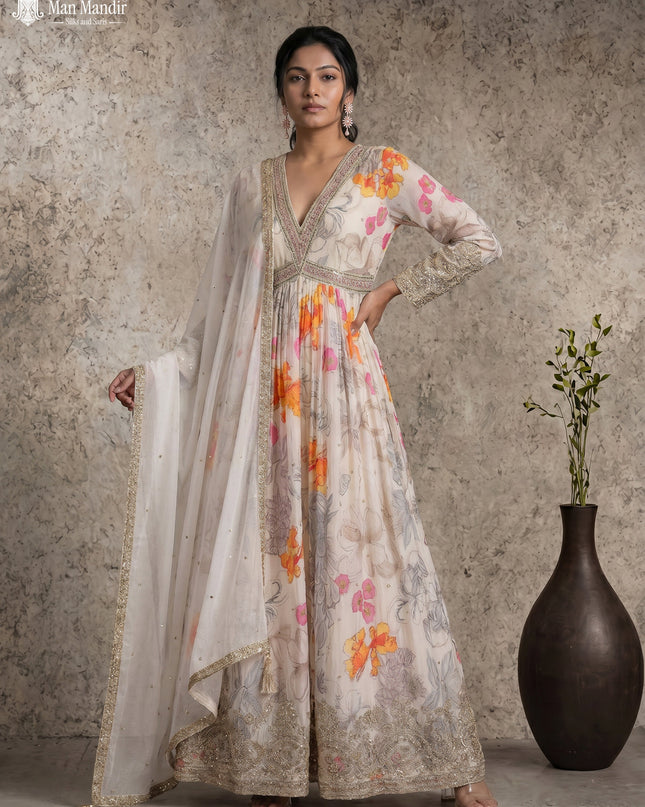 Cream Georgette Gown Sequin Embroidery With Can Can & Netted Dupatta