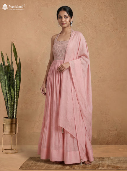 Peach Georgette Gown Sequin Embroidery With Dupatta