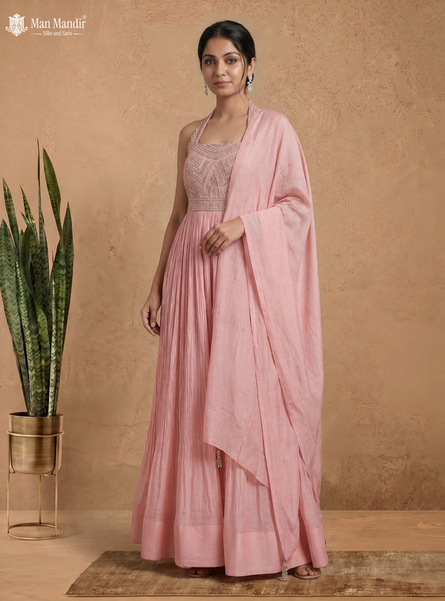 Peach Georgette Gown Sequin Embroidery With Dupatta
