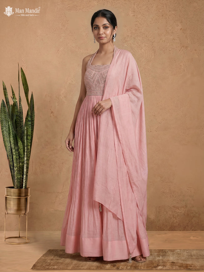 Peach Georgette Gown Sequin Embroidery With Dupatta