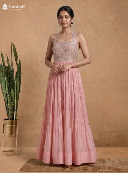 Peach Georgette Gown Sequin Embroidery With Dupatta