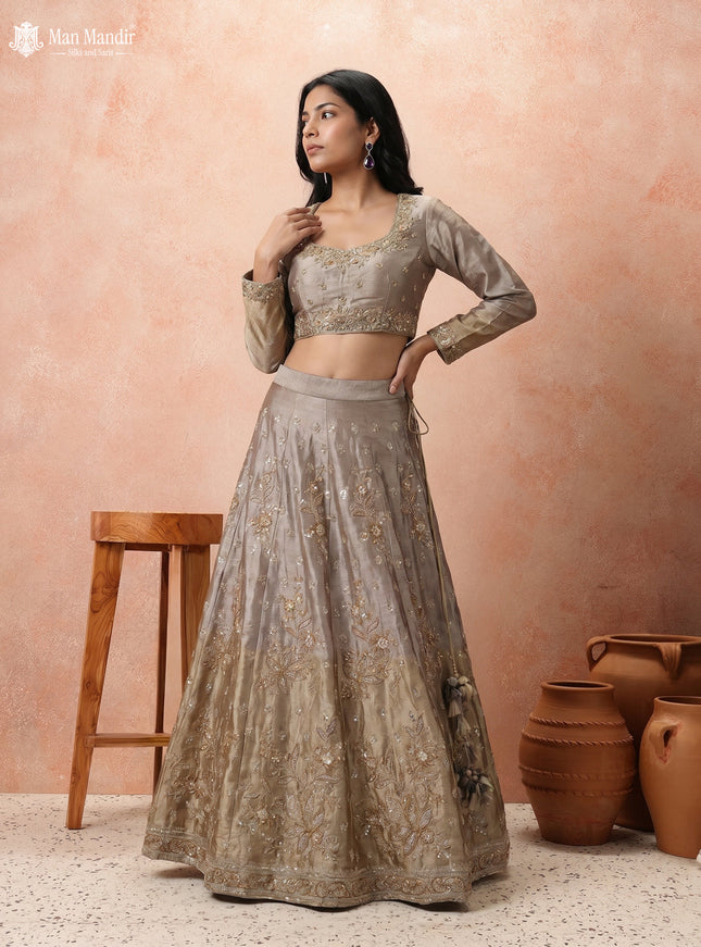 Gold Tissue Lehenga Set With Long Sleeve Blouse & Organza Dupatta