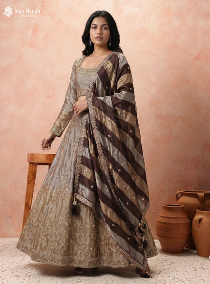 Gold Tissue Lehenga Set With Long Sleeve Blouse & Organza Dupatta