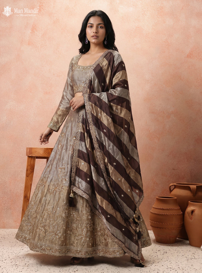 Gold Tissue Lehenga Set With Long Sleeve Blouse & Organza Dupatta