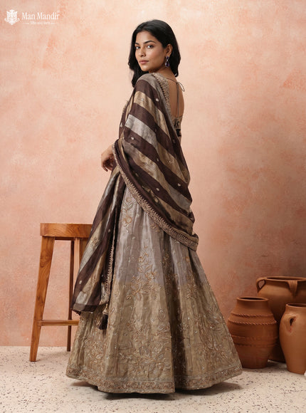 Gold Tissue Lehenga Set With Long Sleeve Blouse & Organza Dupatta