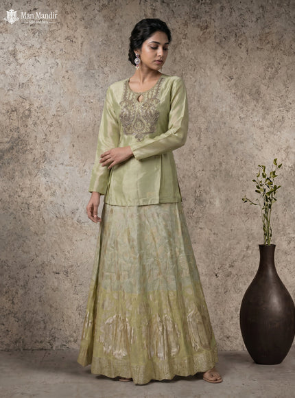 Pista Green Lehenga Set With Can Can Skirt & Embroidered Jacket