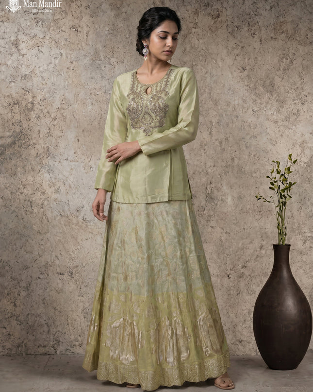 Pista Green Lehenga Set With Can Can Skirt & Embroidered Jacket