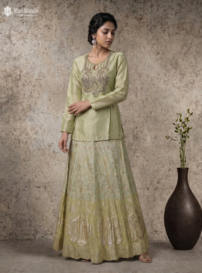 Pista Green Lehenga Set With Can Can Skirt & Embroidered Jacket