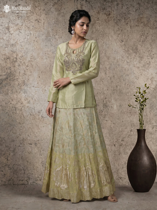 Pista Green Lehenga Set With Can Can Skirt & Embroidered Jacket