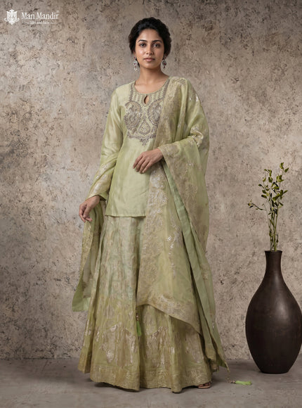Pista Green Lehenga Set With Can Can Skirt & Embroidered Jacket