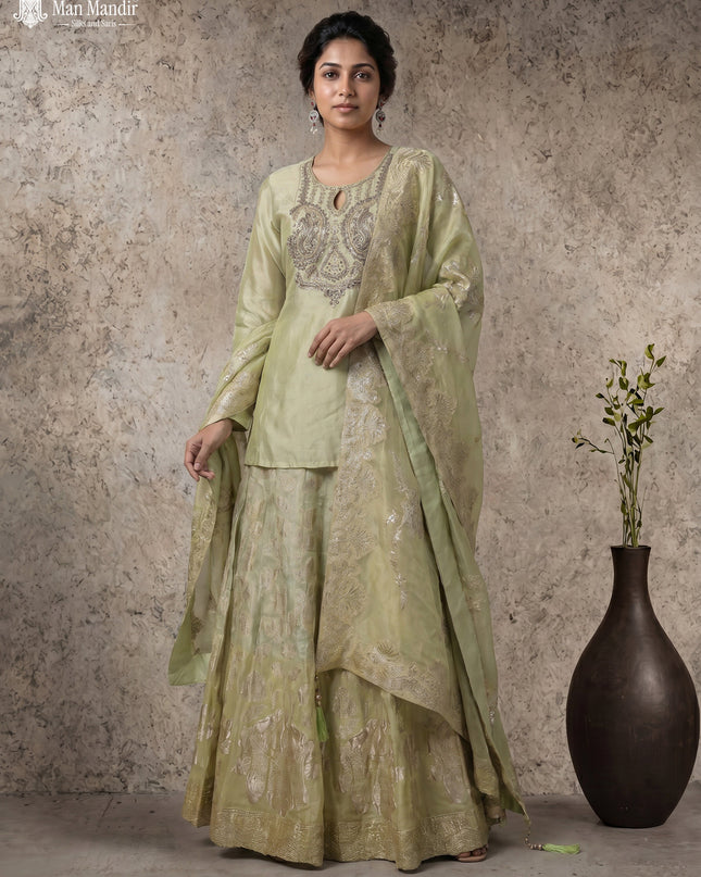 Pista Green Lehenga Set With Can Can Skirt & Embroidered Jacket