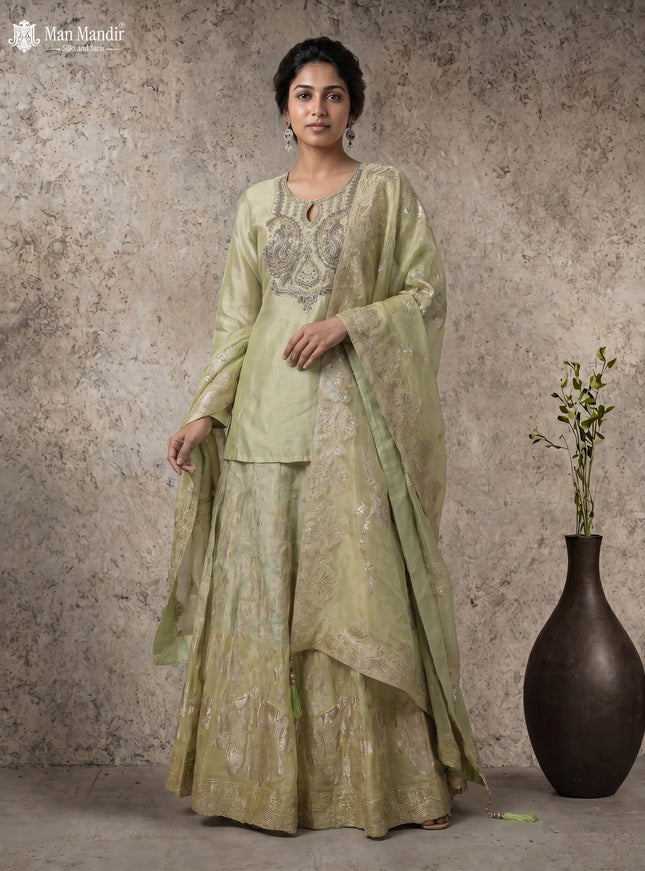 Pista Green Lehenga Set With Can Can Skirt & Embroidered Jacket