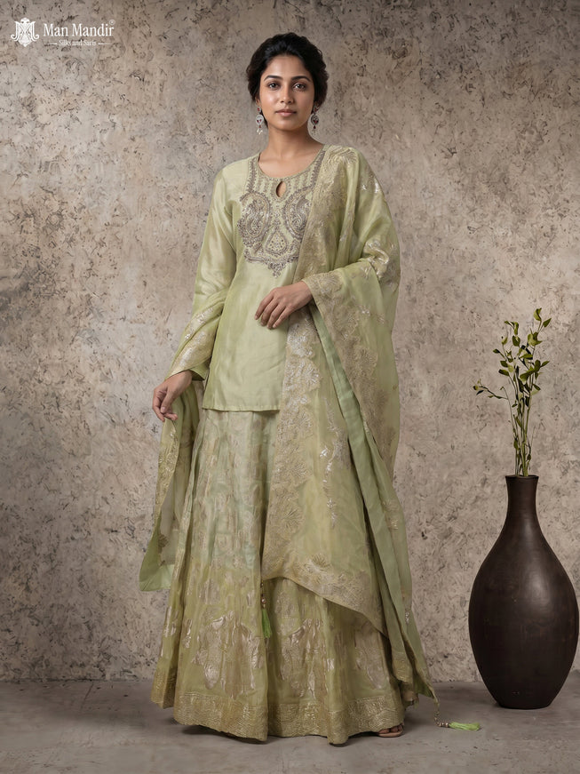 Pista Green Lehenga Set With Can Can Skirt & Embroidered Jacket