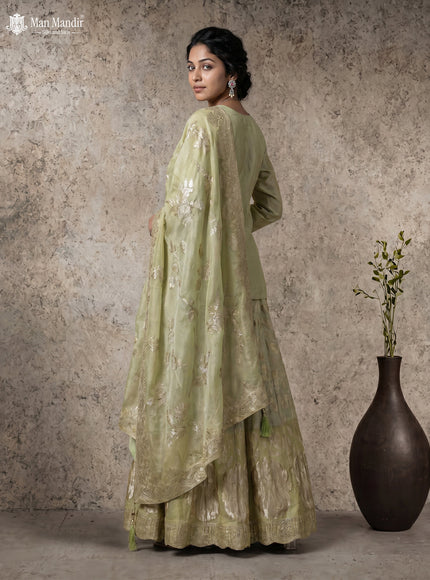 Pista Green Lehenga Set With Can Can Skirt & Embroidered Jacket