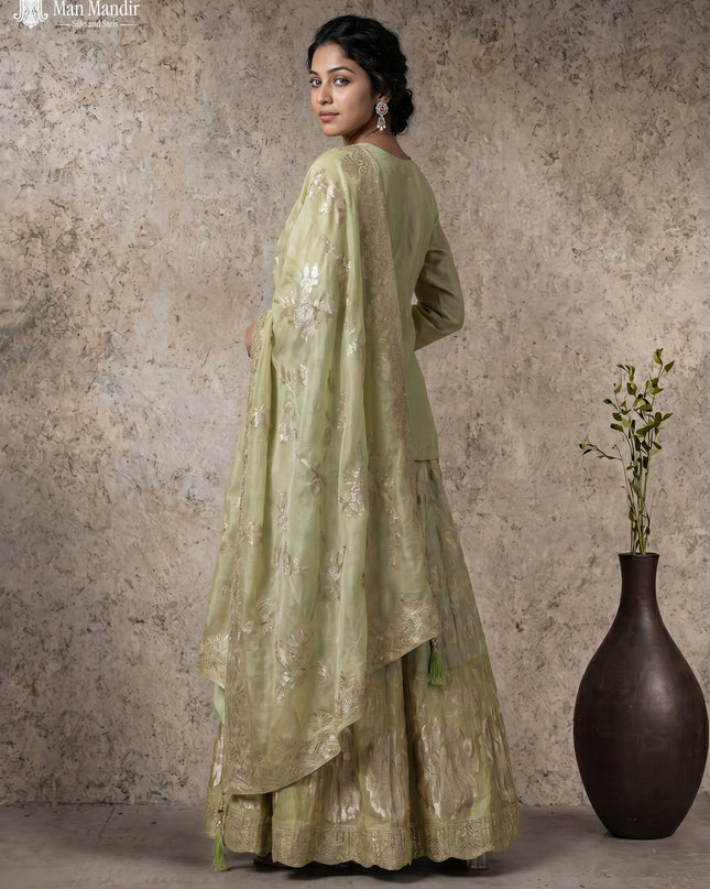 Pista Green Lehenga Set With Can Can Skirt & Embroidered Jacket