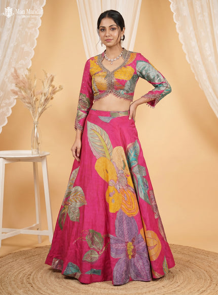 Rani Pink Lehenga Set With Can Can Skirt & Long Sleeve Blouse & Dupatta