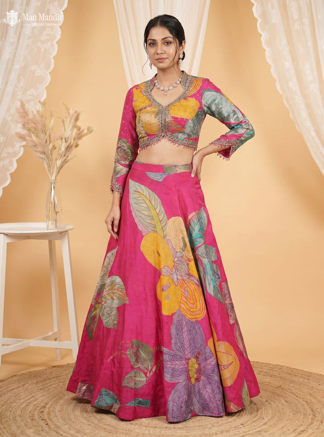 Rani Pink Lehenga Set With Can Can Skirt & Long Sleeve Blouse & Dupatta