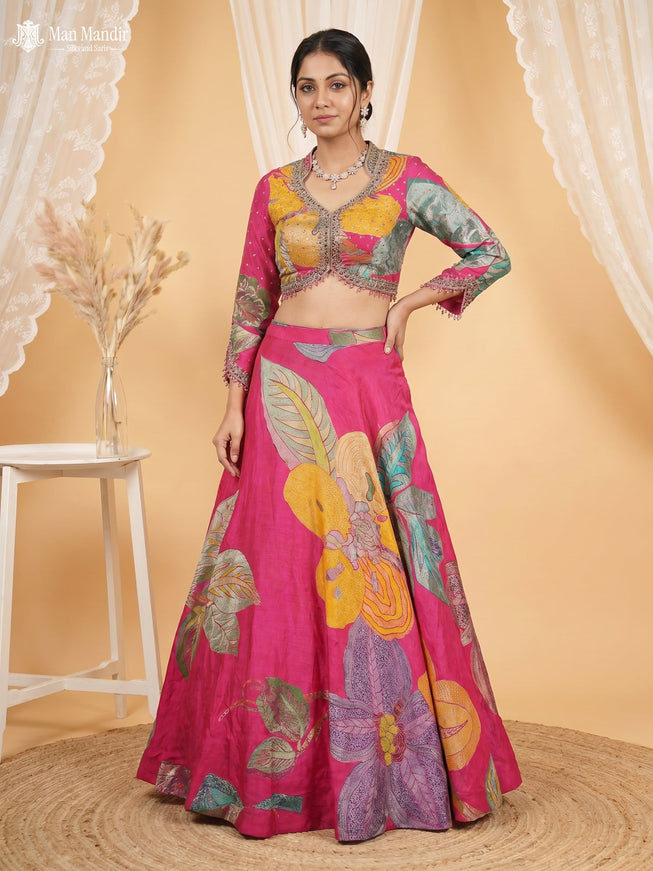 Rani Pink Lehenga Set With Can Can Skirt & Long Sleeve Blouse & Dupatta