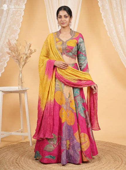 Rani Pink Lehenga Set With Can Can Skirt & Long Sleeve Blouse & Dupatta