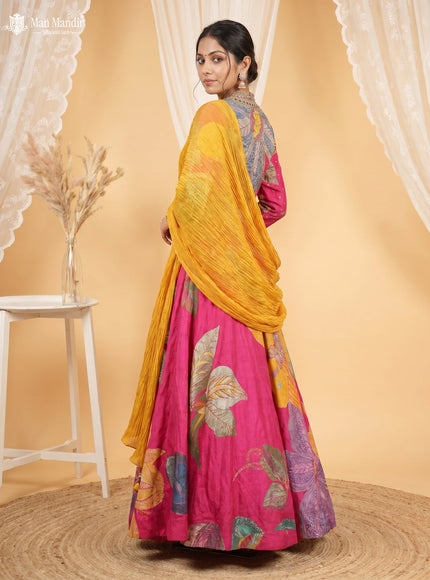 Rani Pink Lehenga Set With Can Can Skirt & Long Sleeve Blouse & Dupatta