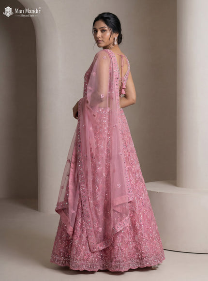 Peach Pink Netted Lehenga Set With Can Can Skirt & Mirror Embroidered Blouse