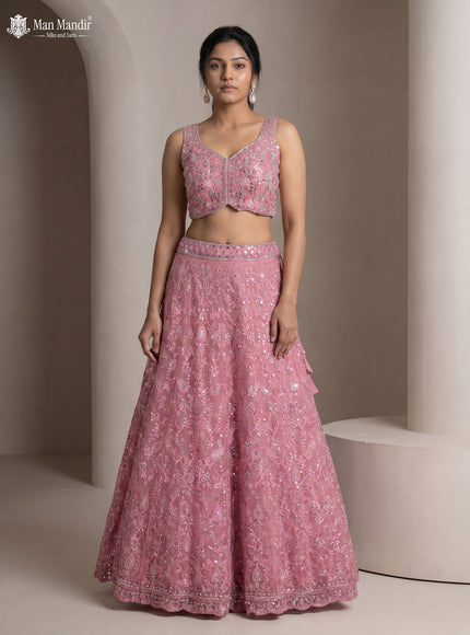 Peach Pink Netted Lehenga Set With Can Can Skirt & Mirror Embroidered Blouse