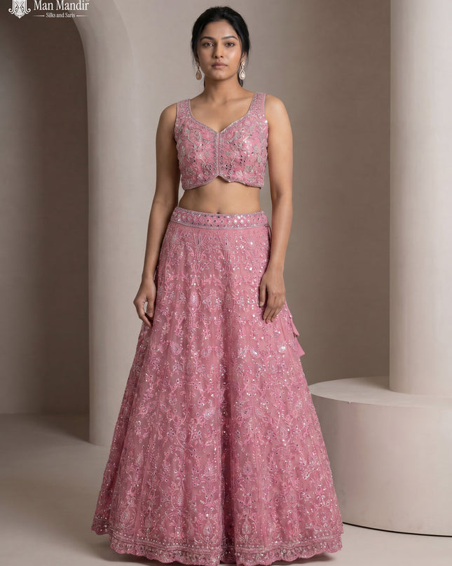 Peach Pink Netted Lehenga Set With Can Can Skirt & Mirror Embroidered Blouse
