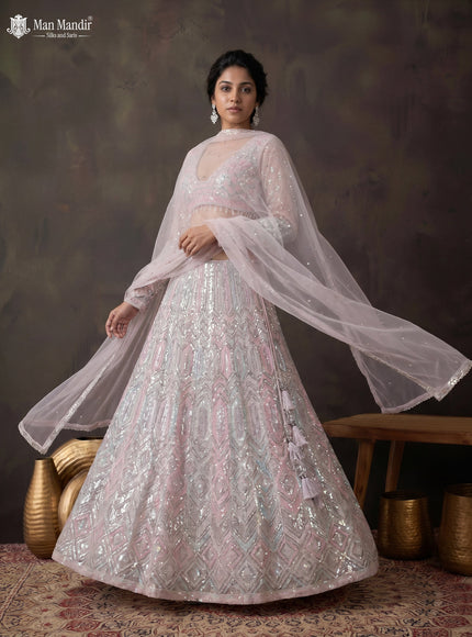 Baby Pink Lehenga Set With Heavy Sequin Work & Long Sleeve Blouse & Dupatta