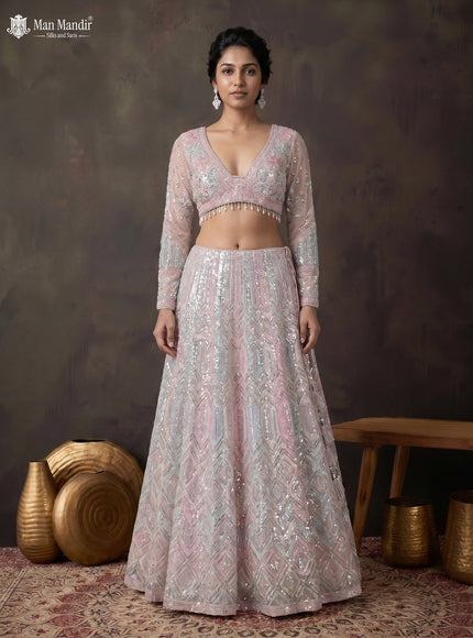 Baby Pink Lehenga Set With Heavy Sequin Work & Long Sleeve Blouse & Dupatta