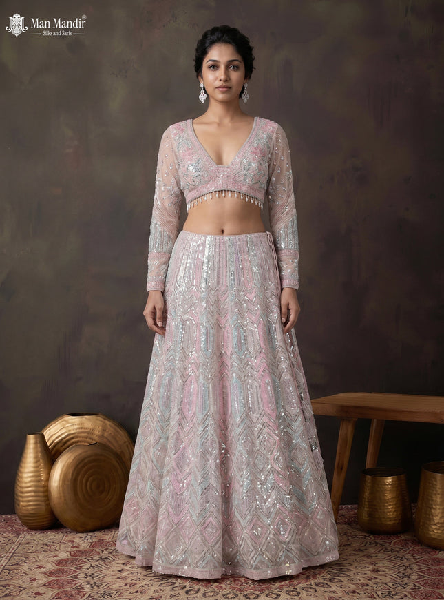 Baby Pink Lehenga Set With Heavy Sequin Work & Long Sleeve Blouse & Dupatta