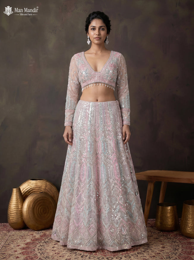 Baby Pink Lehenga Set With Heavy Sequin Work & Long Sleeve Blouse & Dupatta
