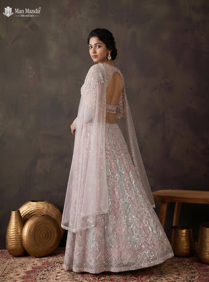 Baby Pink Lehenga Set With Heavy Sequin Work & Long Sleeve Blouse & Dupatta