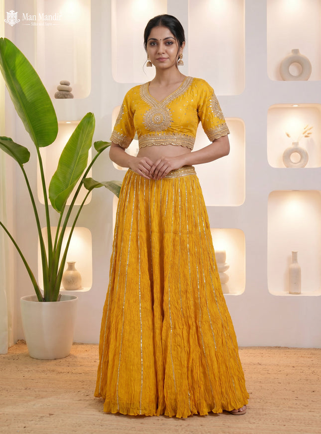 Yellow Lehenga Set With Can Can Skirt & Embroidered Blouse