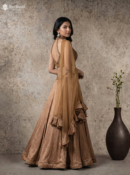Golden Brown Lehenga Set With Can Can Skirt & Embroidered Blouse