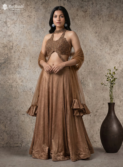 Golden Brown Lehenga Set With Can Can Skirt & Embroidered Blouse
