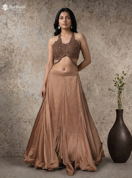 Golden Brown Lehenga Set With Can Can Skirt & Embroidered Blouse