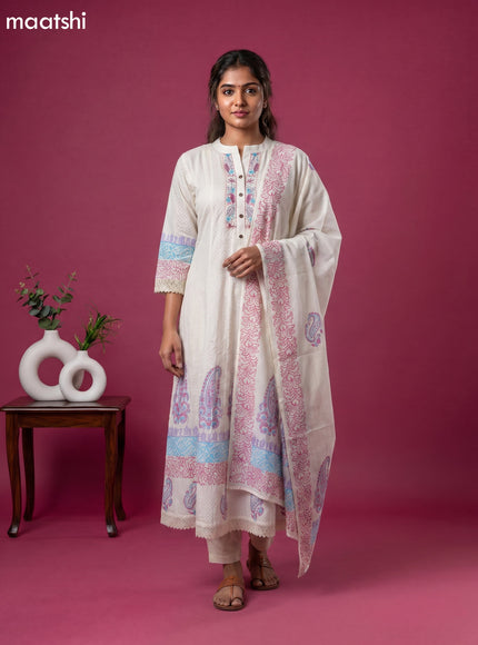 Cream Cotton Block Printed Anarkali Suit