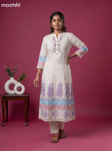 Cream Cotton Block Printed Anarkali Suit
