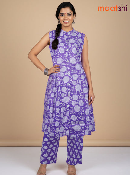 Lavender and Off White Cotton Printed Kurti Set