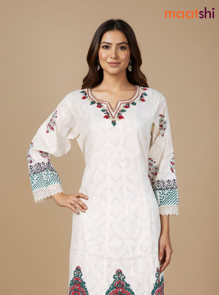 Cream and Green Maroon Cotton Block Printed Anarkali Suit