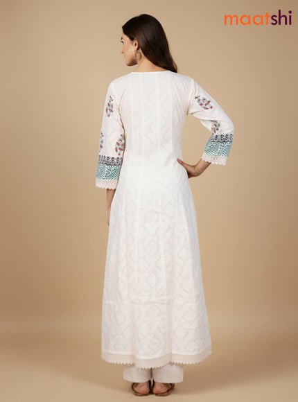Cream and Green Maroon Cotton Block Printed Anarkali Suit