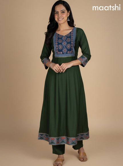 Dark Sap Green and Peacock Blue Chanderi Beaded Work Anarkali Suit