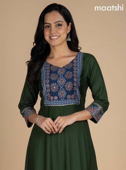 Dark Sap Green and Peacock Blue Chanderi Beaded Work Anarkali Suit