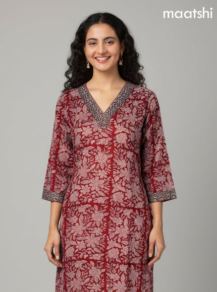 Rustic Maroon Kota Floral Printed Straight Suit