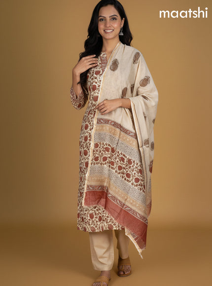 Beige and Rust Shade Chanderi Kalamkari Printed Straight Suit